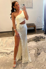 Ivory Mermaid One Shoulder Cut-Out Sequins Long Prom Gown with Slit