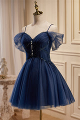 Navy Blue Tulle Cold-Shoulder Sweetheart A-Line Party Dress