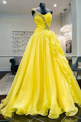 One-Shoulder Yellow Beaded Ruffles Long Prom Gown