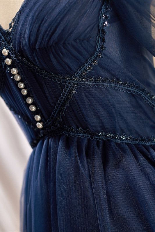 Marineblaues, schulterfreies, herzförmiges Partykleid aus Tüll in A-Linie