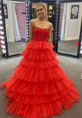 Strapless Pleated Multi-Layers Tulle Long Prom Dress