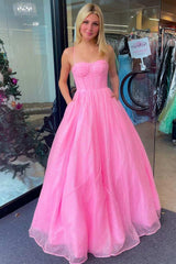 Princess Pink Straps A-Line Long Prom Dress