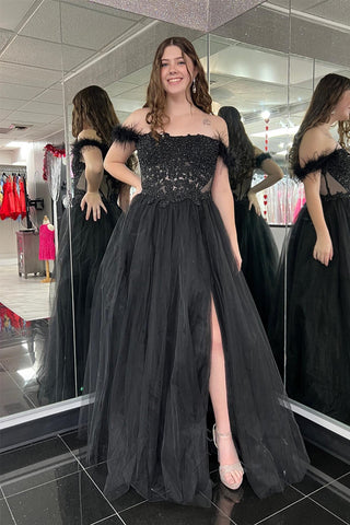 Black A-line Off-the-Shoulder Feathers Beaded Tulle Long Prom Dress with Slit