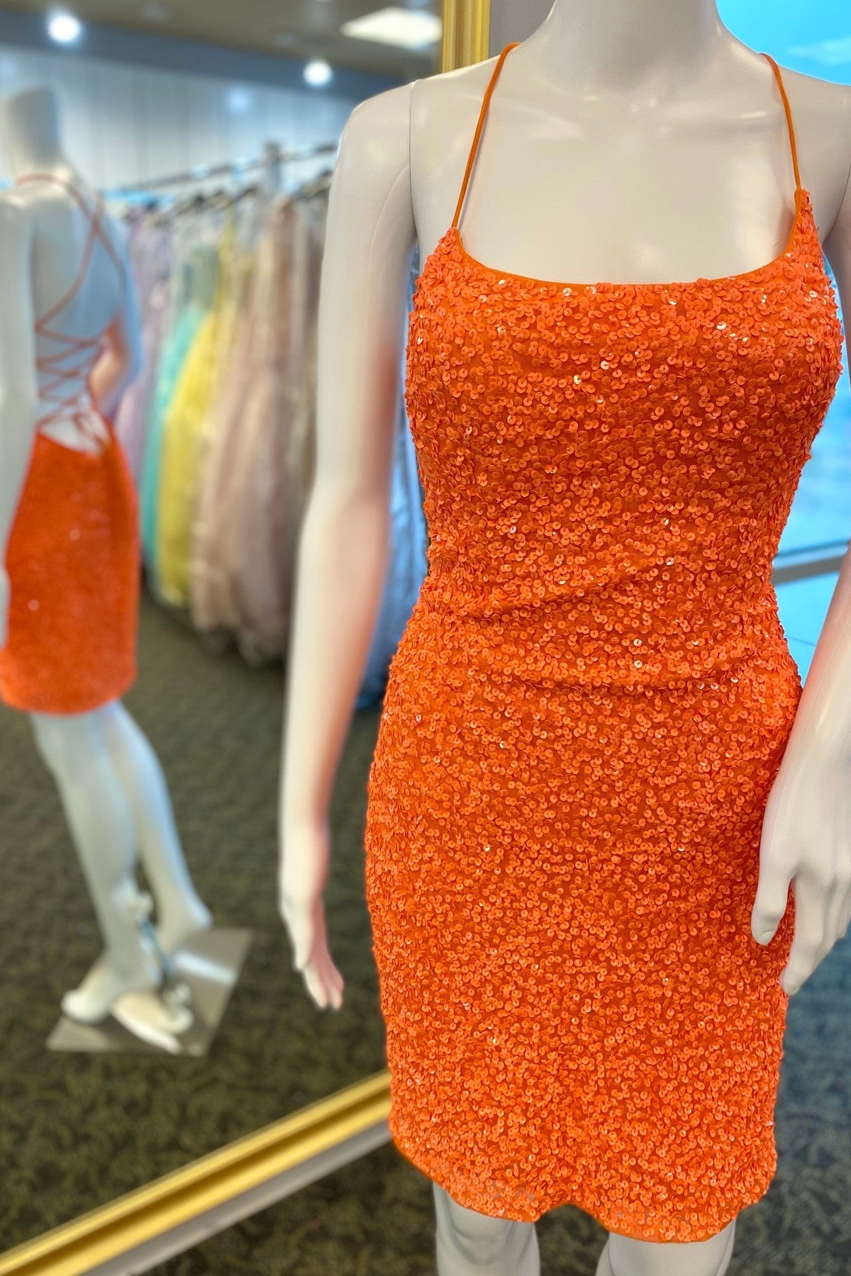 Glitters Orange Sequin Tight Mini Dress with Lace Up Back