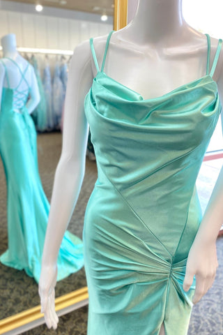 Mint Green Cowl Neck Lace-Up Mermaid Long Formal Dress with Slit