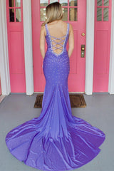 Royal Blue Beaded V-Neck Cutout Back Mermaid Long Prom Dress