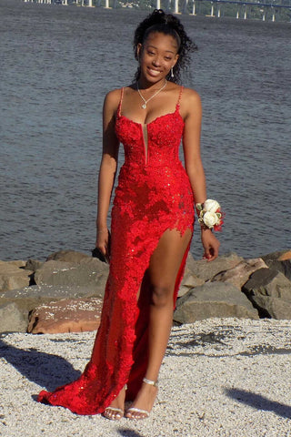 Sequins Lace Spaghetti Straps Long Prom Dress with Slit