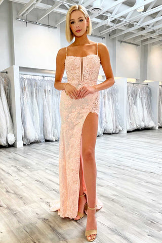 Sequins Lace Spaghetti Straps Long Prom Dress with Slit
